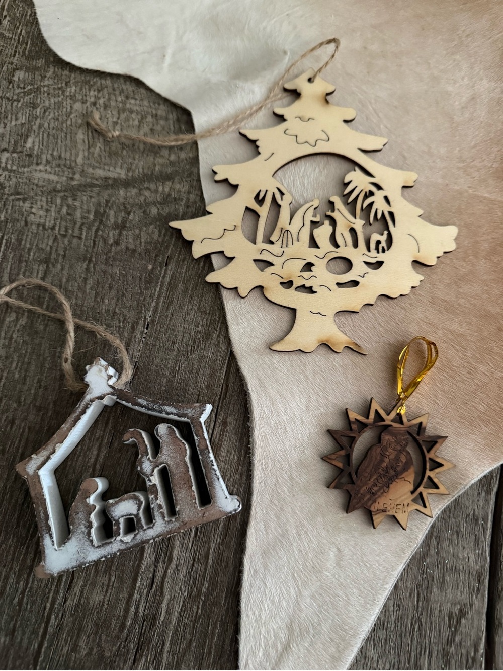 Bundle of 3 Religious Wood Tree Ornaments